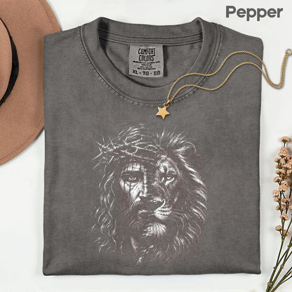Lion and Jesus Christian Faith T-Shirt, Lion of Judah Crown of Thorns Sketch Tee