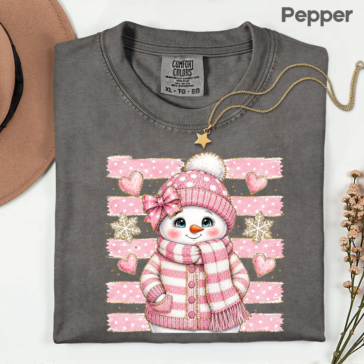 Cute Pink Snowgirl Winter T-Shirt, Snowman Beanie Bow Pink Stripes Hearts Tee