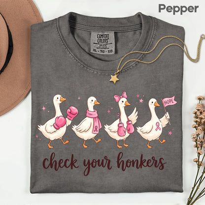 Check Your Honkers Ducks Breast Cancer Awareness T-Shirt, Pink Ribbon Boxing Gloves Geese Tee