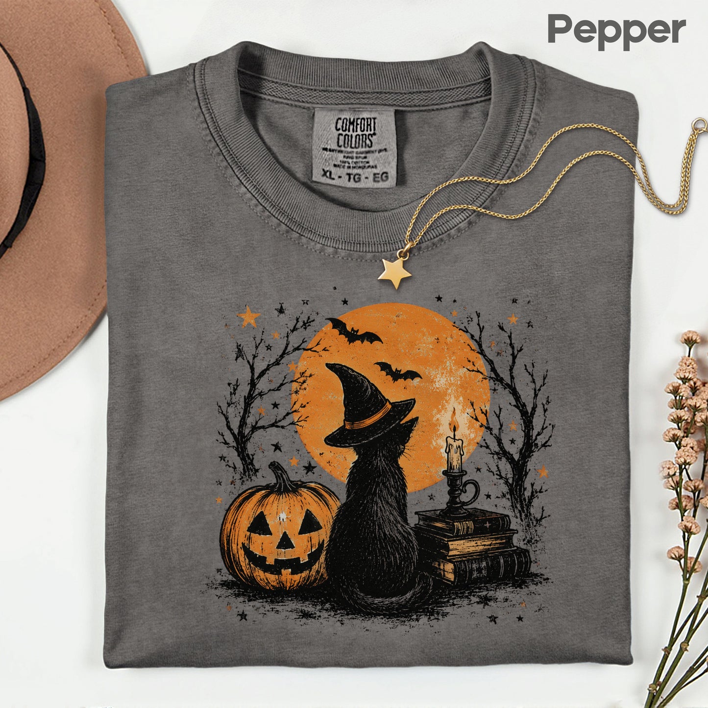 Halloween Black Cat Witch T-Shirt, Full Moon Pumpkin Spooky Vintage Books Magic Tee