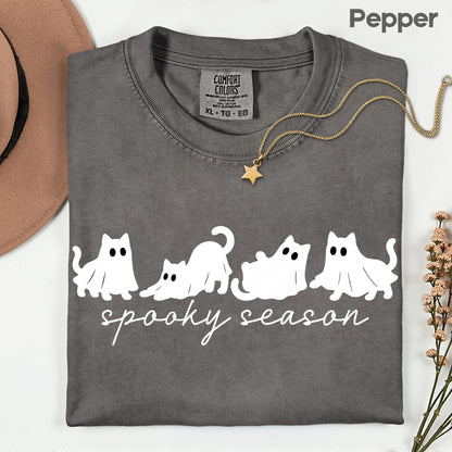 Spooky Season Ghost Cats Halloween T-Shirt, Black Cats Ghost Line Art Minimalist Tee