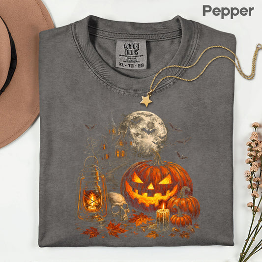 Vintage Haunted House Halloween T-Shirt, Pumpkin Lantern Jack O Lantern Spooky Autumn Tee