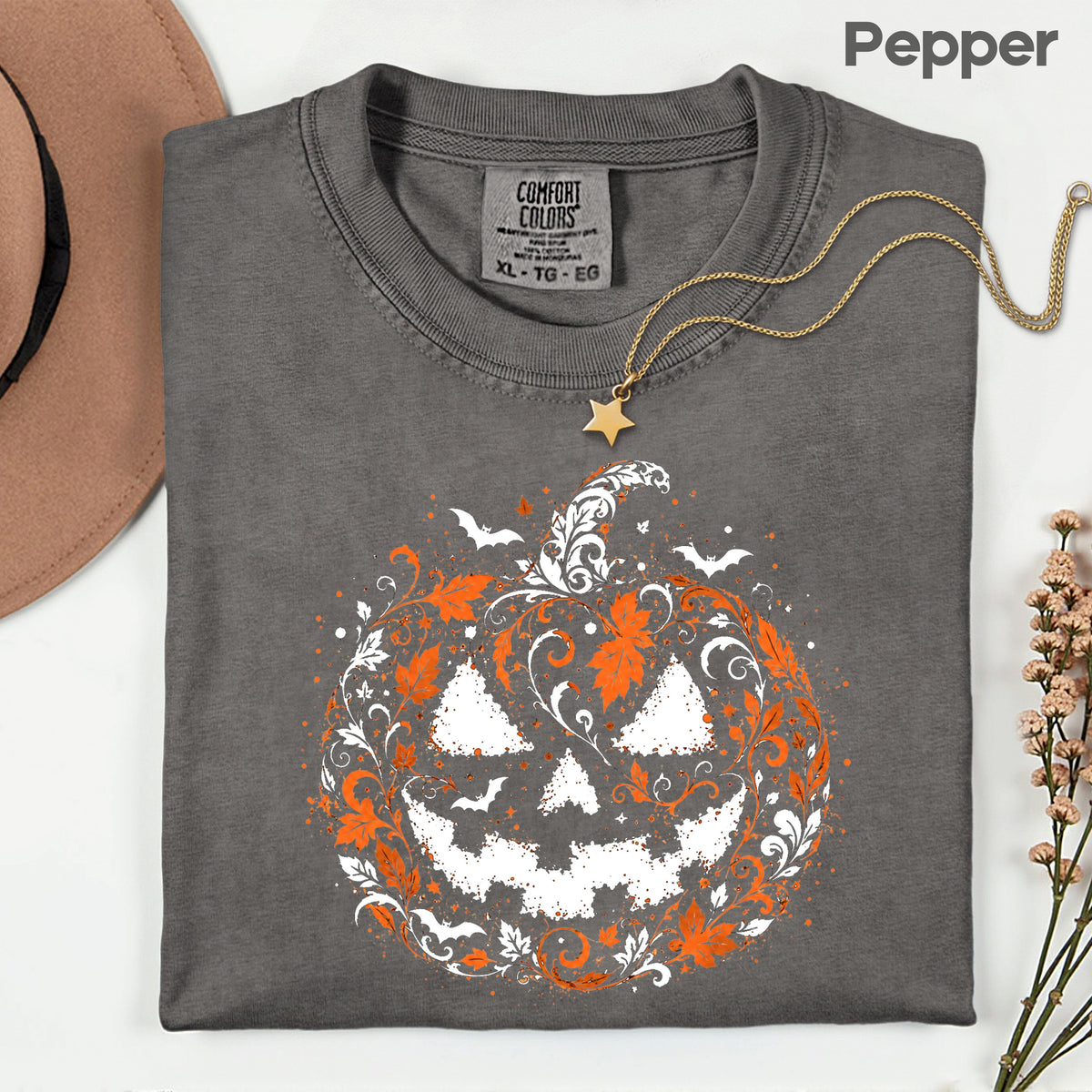 Halloween Pumpkin Face Floral Swirl Gothic T-Shirt, Intricate Spooky Pumpkin Tee