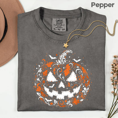 Halloween Pumpkin Face Floral Swirl Gothic T-Shirt, Intricate Spooky Pumpkin Tee