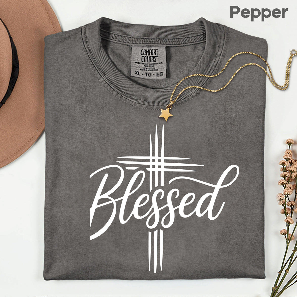 Blessed Cross Christian T-Shirt, Script Cursive Faith Minimalist Religious Tee Sweatshirt