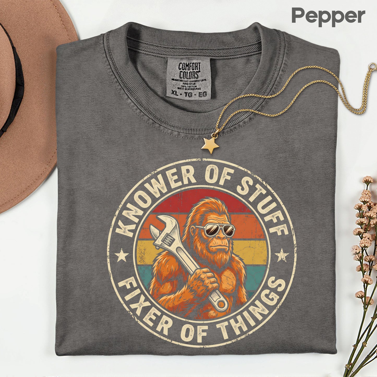 Funny Bigfoot Knower of Stuff Fixer of Things T-Shirt, Retro Sasquatch Wrench Sunglasses Dad Handyman Tee