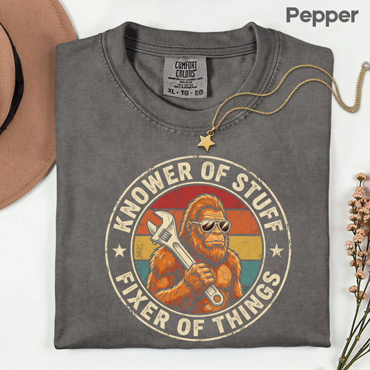 Funny Bigfoot Knower of Stuff Fixer of Things T-Shirt, Retro Sasquatch Wrench Sunglasses Dad Handyman Tee