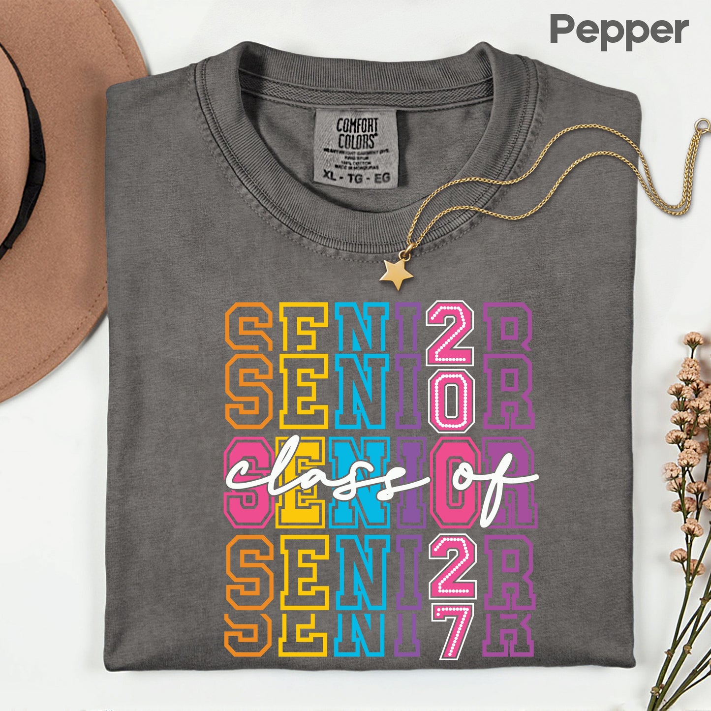 Senior Class of 2027 Colorful Retro T-Shirt, Stacked Varsity Letters Pastel Graduation Tee
