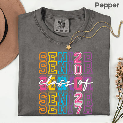 Senior Class of 2027 Colorful Retro T-Shirt, Stacked Varsity Letters Pastel Graduation Tee
