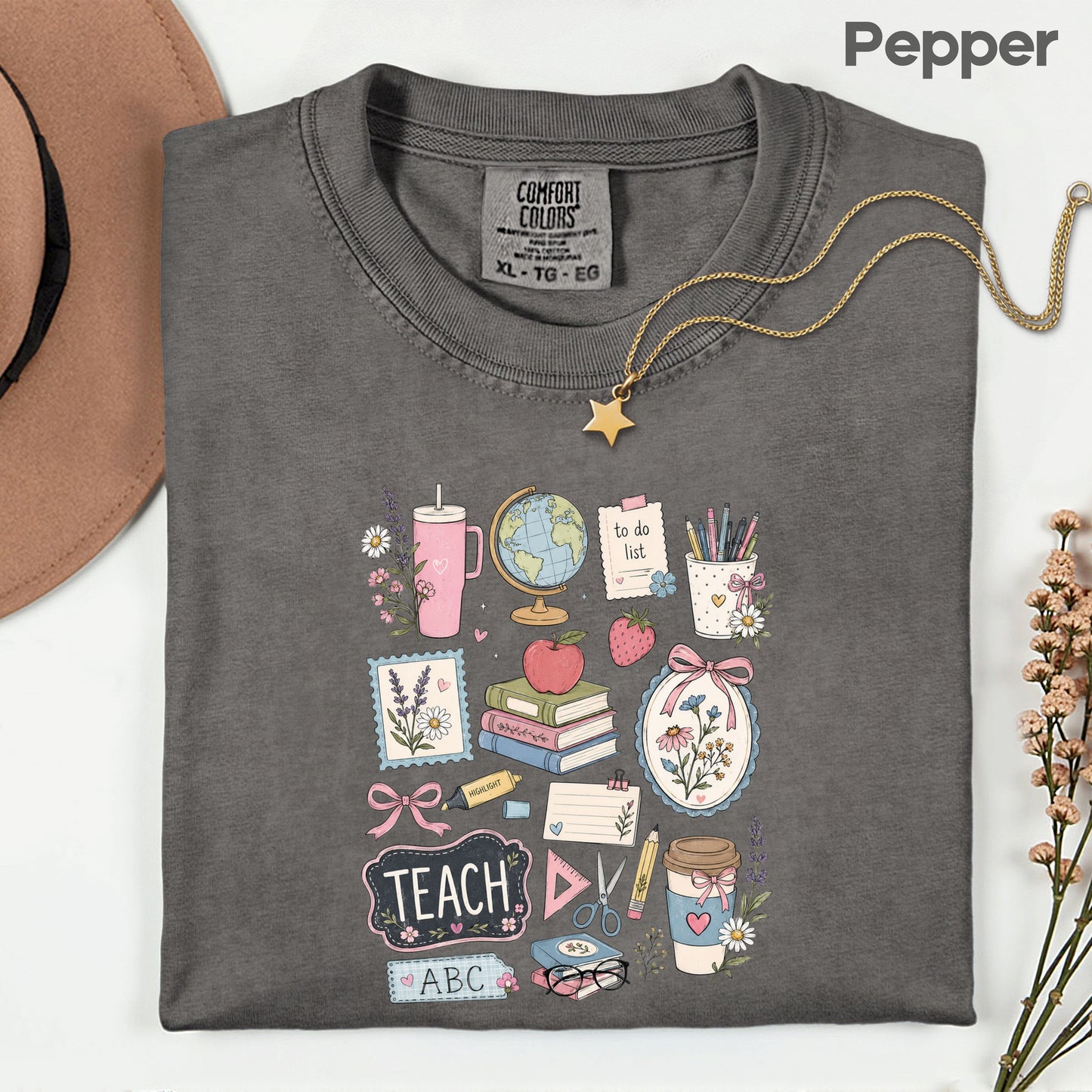 Cute Teacher Supplies Coquette T-Shirt, Books Coffee Globe Pink Bows Back to School Tee