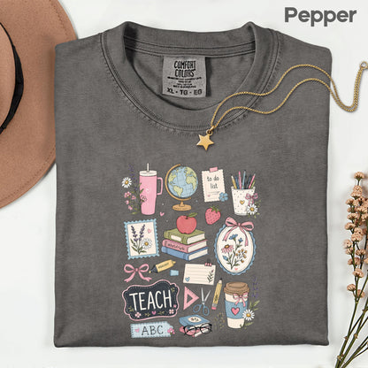 Cute Teacher Supplies Coquette T-Shirt, Books Coffee Globe Pink Bows Back to School Tee