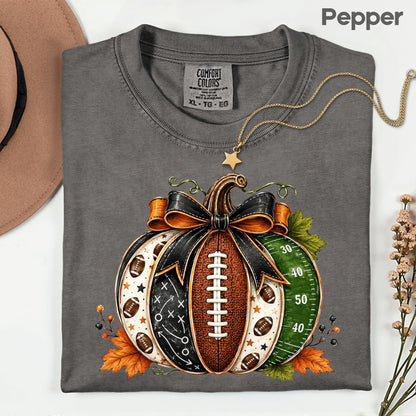 Football Pumpkin Bow Fall T-Shirt, Game Day Football Field Patchwork Autumn Tee