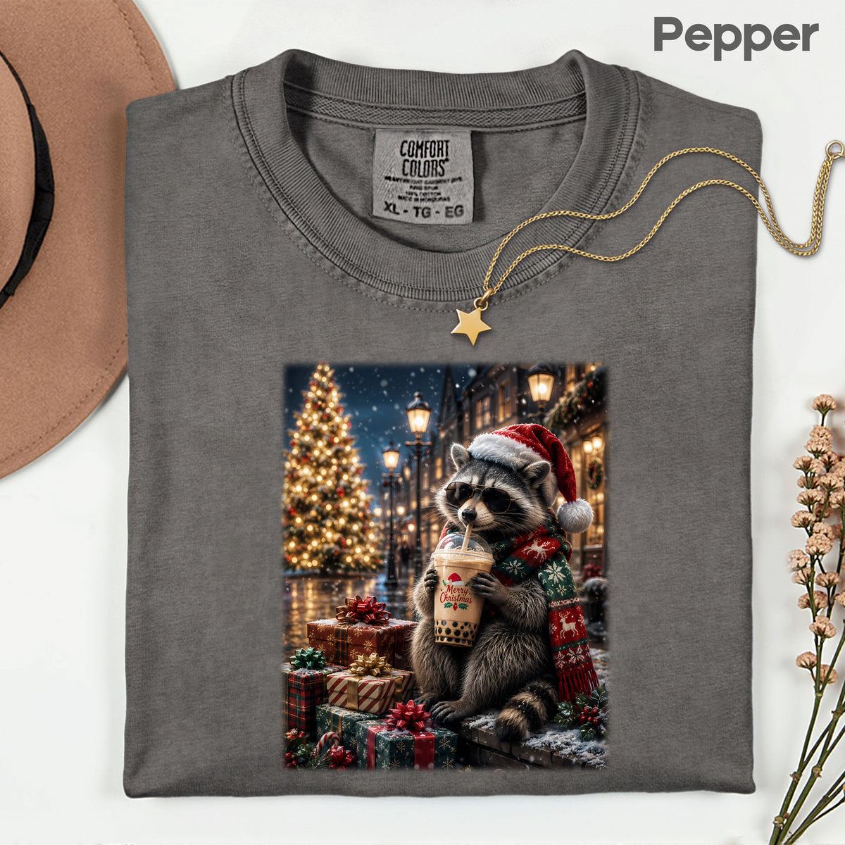 Christmas Raccoon Santa Hat T-Shirt, Coffee Drink Cute Holiday Winter Comfort Color Tee