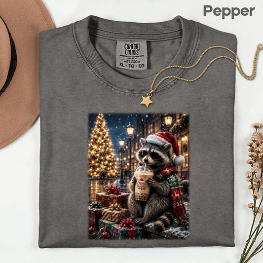 Christmas Raccoon Santa Hat T-Shirt, Coffee Drink Cute Holiday Winter Comfort Color Tee