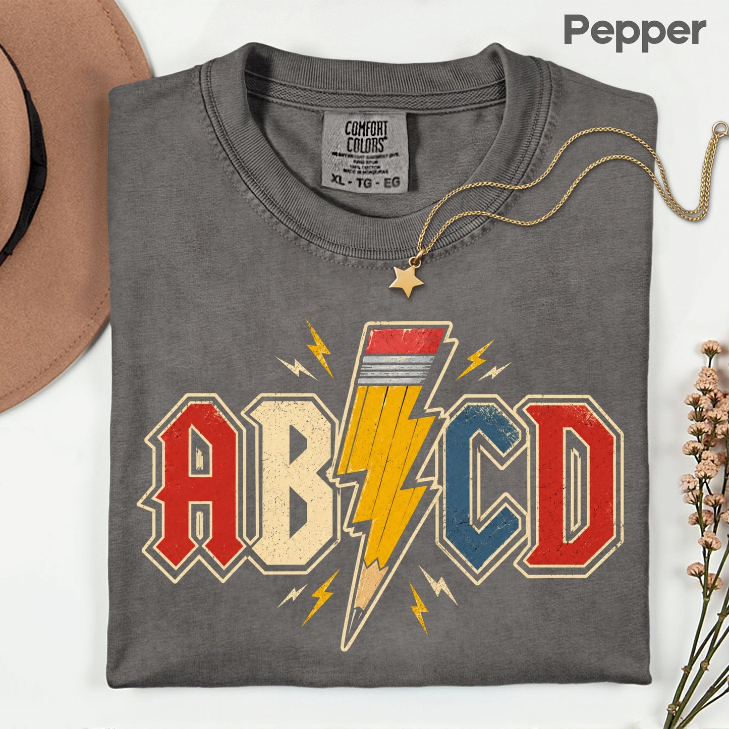 AB CD Lightning Bolt Pencil Teacher T-Shirt, Rock N Roll Back to School Comfort Color Tee