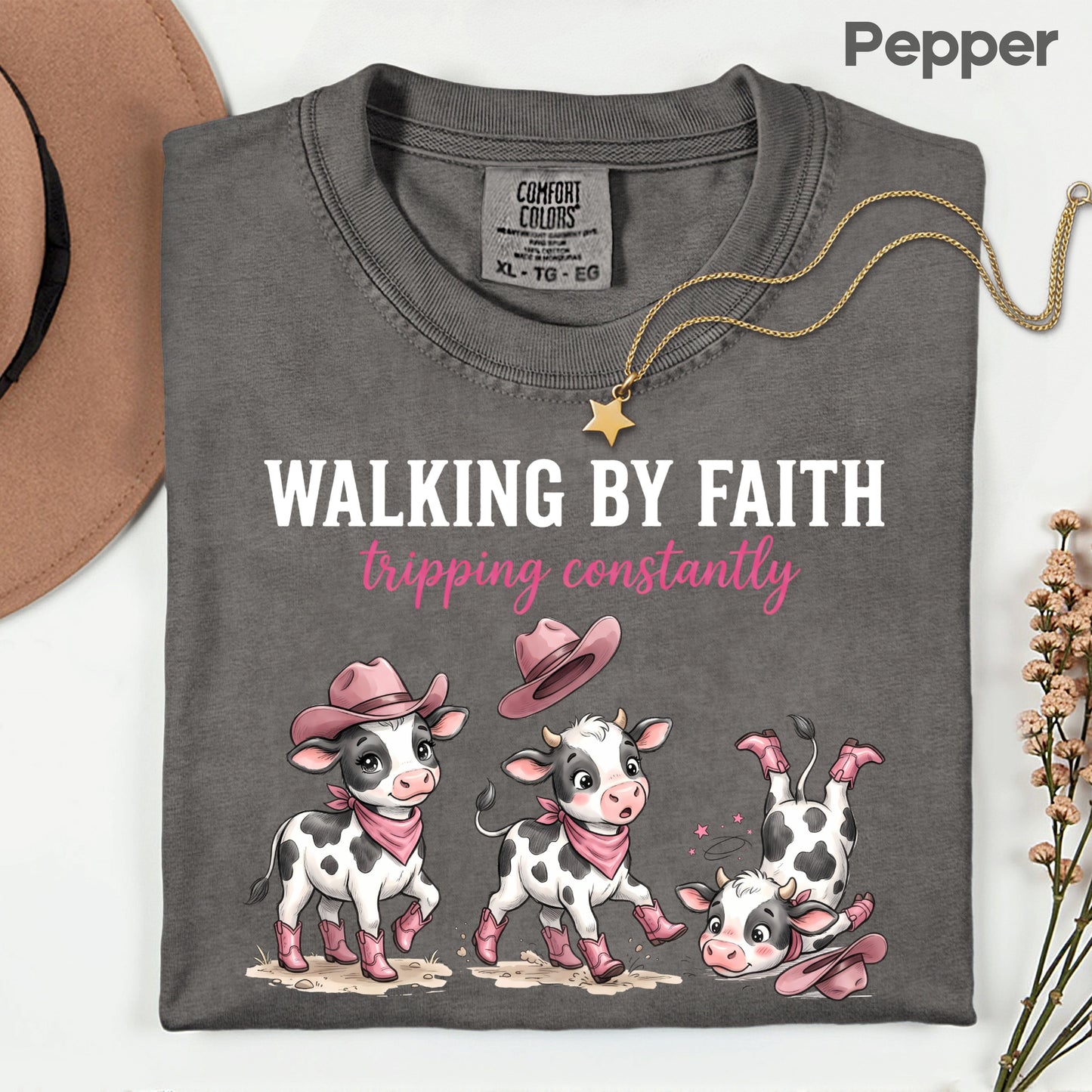 Funny Western Cow Walking by Faith T-Shirt, Pink Cowboy Boots Christian Humor Tee