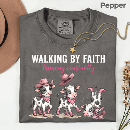Funny Western Cow Walking by Faith T-Shirt, Pink Cowboy Boots Christian Humor Tee