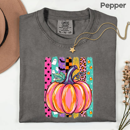 Halloween Pumpkin Brush Strokes Leopard Ghosts Candy Corn T-Shirt, Spooky Season Tee