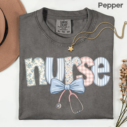 Nurse Coquette Floral Bow T-Shirt, Stethoscope Vintage Patchwork Nurse Tee