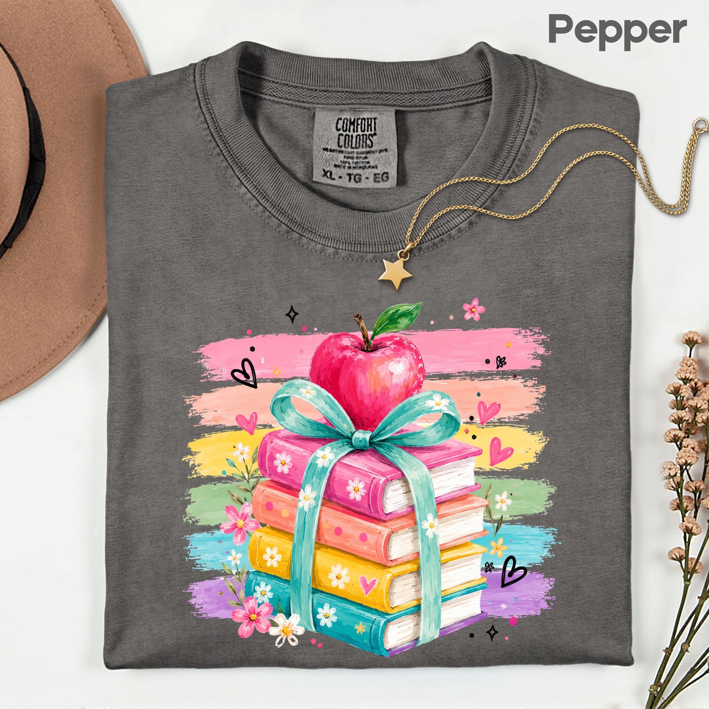 Coquette Stacked Books Teacher T-Shirt, Apple Ribbon Colorful Brushstrokes Comfort Color Tee