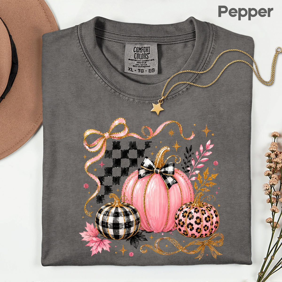 Pink Coquette Fall Pumpkin T-Shirt, Leopard Plaid Ribbon Bow Checkered Autumn Tee