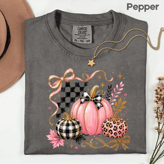 Pink Coquette Fall Pumpkin T-Shirt, Leopard Plaid Ribbon Bow Checkered Autumn Tee