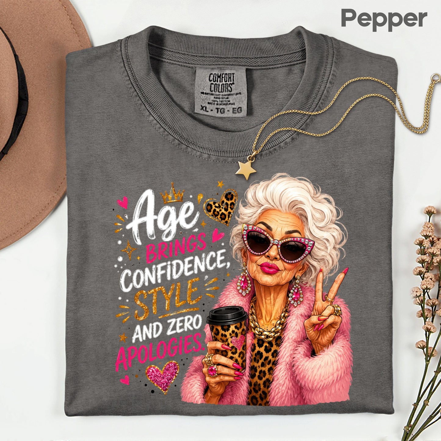 Age Brings Confidence Senior Woman T-Shirt, Fabulous Glam Leopard Coffee Comfort Color Tee