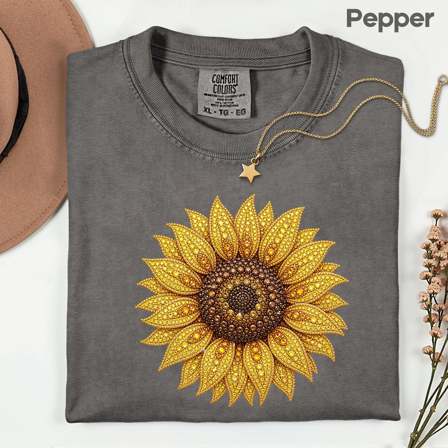 Sunflower Yellow Beaded Floral T-Shirt, Summer Fall Flower Tee