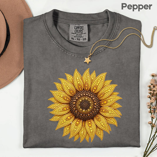 Sunflower Yellow Beaded Floral T-Shirt, Summer Fall Flower Tee