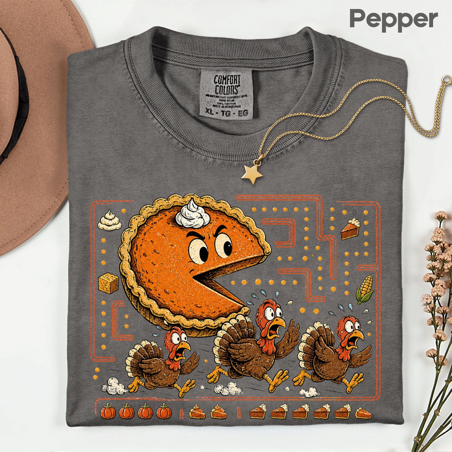 Funny Thanksgiving Pacman Pumpkin Pie T-Shirt, Chasing Turkeys Maze Video Game Tee