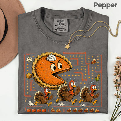 Funny Thanksgiving Pacman Pumpkin Pie T-Shirt, Chasing Turkeys Maze Video Game Tee