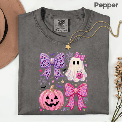 Coquette Halloween Ghost Pink Pumpkin Leopard Bow T-Shirt, Spooky Cute Tee