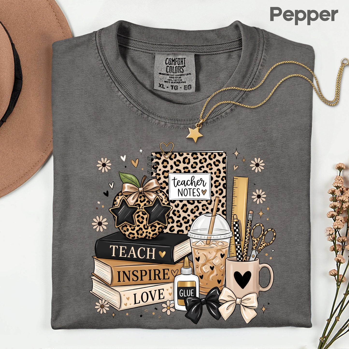 Teach Inspire Love Leopard Teacher T-Shirt, Notebook Coffee Iced Drink Comfort Color Tee