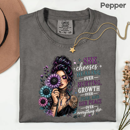 Inspirational Healing Woman She Chooses Healing Over Hurting T-Shirt, Floral Messy Bun Sunflower Tee
