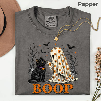 Halloween Ghost Boop Black Cat T-Shirt, Spooky Season Ghost Tee