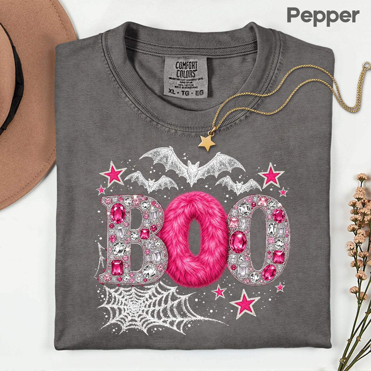 Boo Pink Glitter Bats Halloween T-Shirt, Spider Web Sparkle Comfort Color Tee