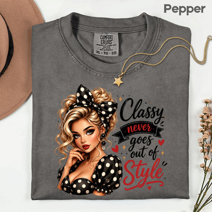 Classy Never Goes Out of Style Pinup Girl T-Shirt, Vintage Polka Dot Bow Tee Sweatshirt