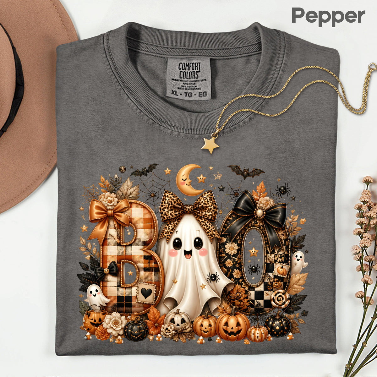 Halloween Boo Ghost T-Shirt, Cute Bows Orange Plaid Leopard Spooky Season Comfort Color Tee