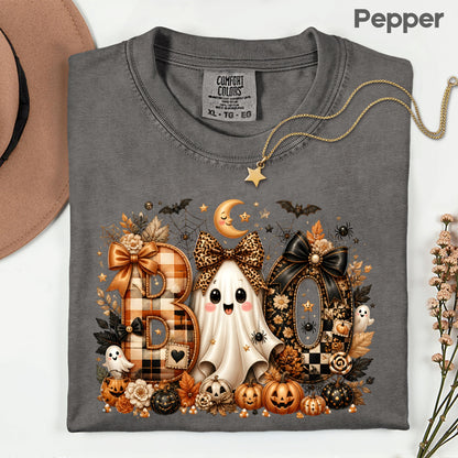 Halloween Boo Ghost T-Shirt, Cute Bows Orange Plaid Leopard Spooky Season Comfort Color Tee