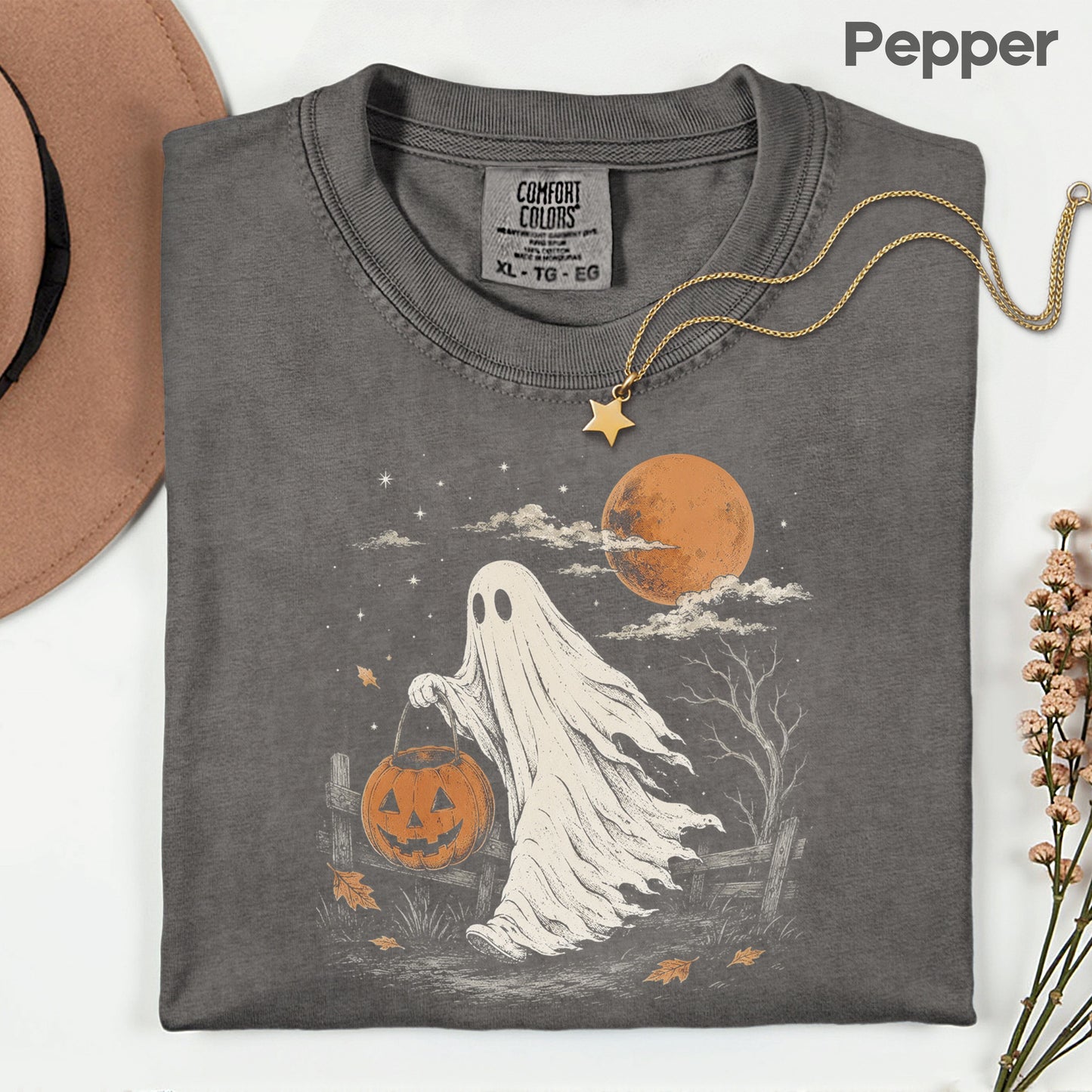 Vintage Halloween Ghost T-Shirt, Jack O Lantern Full Moon Sepia Neutral Tones Spooky Fall Tee