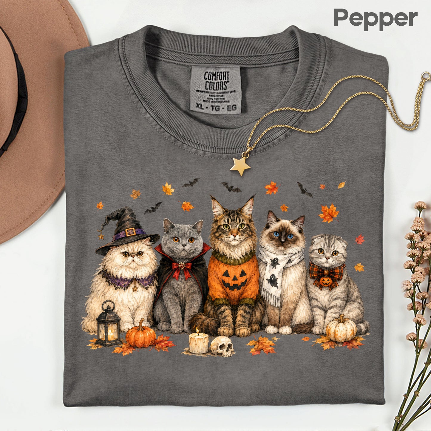 Halloween Cats Comfort Colors T Shirts Cute Witchy Kitty Sweater Tee Spooky Pumpkin Vampire Cat Shirt Autumn Fall Leaves Graphic Gifts