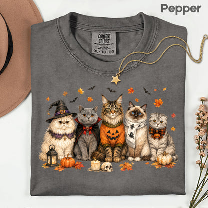 Halloween Cats Comfort Colors T Shirts Cute Witchy Kitty Sweater Tee Spooky Pumpkin Vampire Cat Shirt Autumn Fall Leaves Graphic Gifts