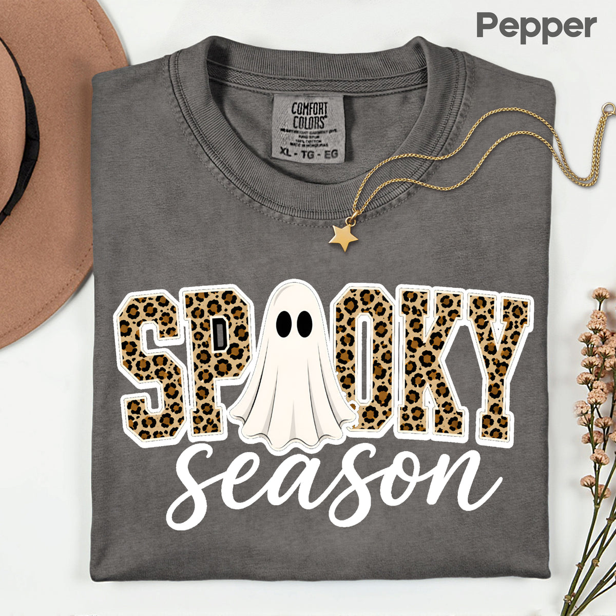 Halloween Spooky Season Ghost T-Shirt, Leopard Print Cheetah Varsity Letters Tee