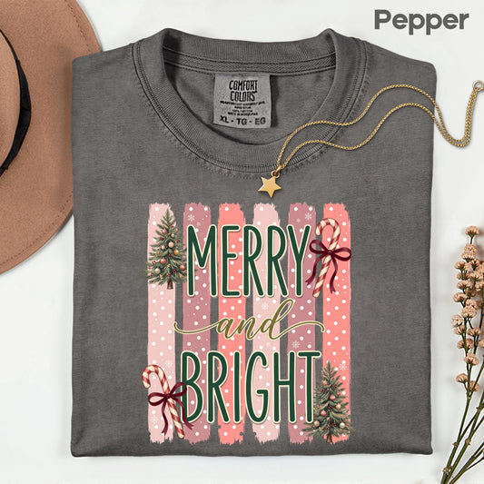 Merry and Bright Comfort Colors T Shirts Cute Christmas Tree Tees Pink Candy Cane Shirt Festive Holiday Winter Graphic Hoodie