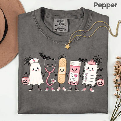 Pink Spooky Nurse Squad Halloween T-Shirt, Ghost Stethoscope Medical Bandage Tee