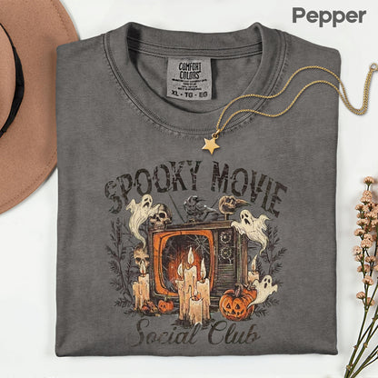 Spooky Movie Social Club Vintage Horror T-Shirt, Ghosts Pumpkin Candles Halloween Tee