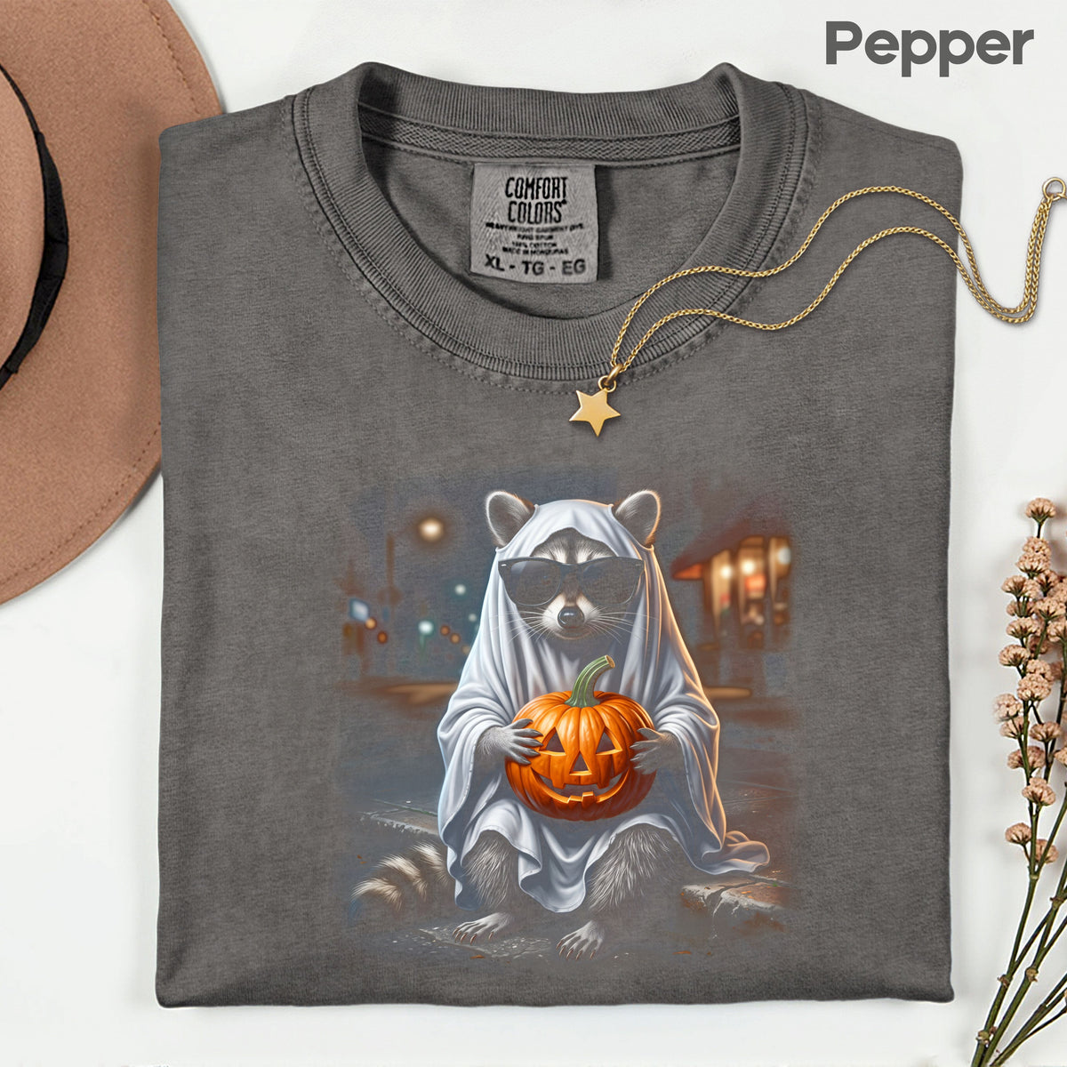 Halloween Ghost Raccoon T-Shirt, Pumpkin Trash Panda Spooky Vintage Tee