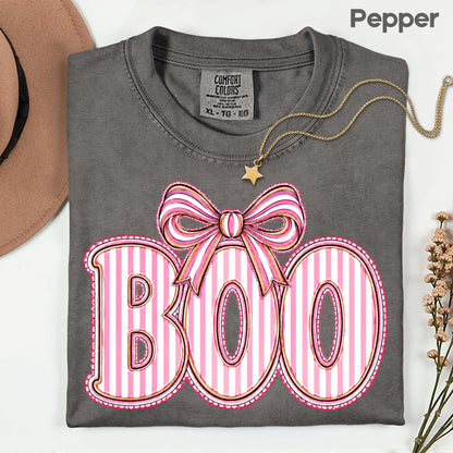 Boo Coquette Pink Bow Halloween T-Shirt, Striped Ribbon Cute Spooky Season Tee