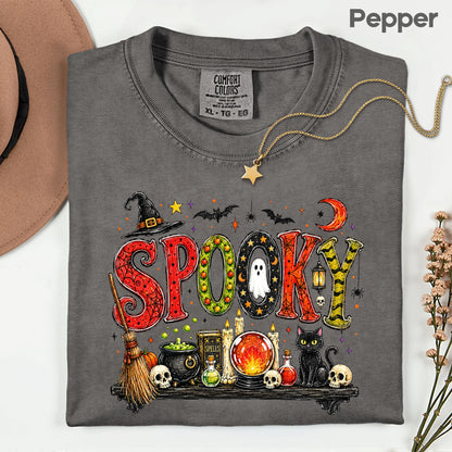 Halloween Witch Shelf Black Cat T-Shirt, Crystal Ball Cauldron Potion Skull Spooky Tee