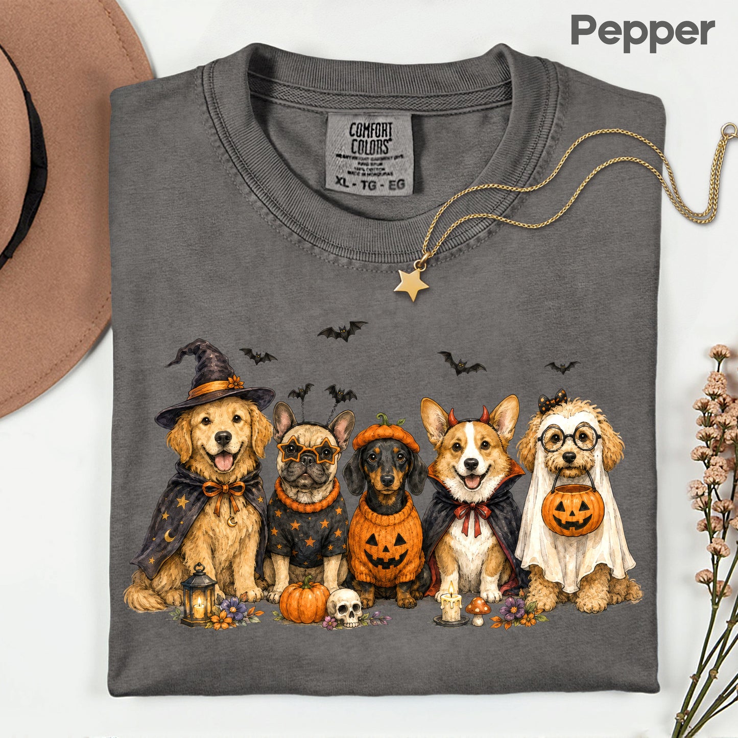 Halloween Dogs Comfort Colors T Shirts Cute Witchy Puppy Pumpkin Tees Spooky Costume Corgi Frenchie Golden Retriever Shirt Autumn Fall Graphic Hoodie